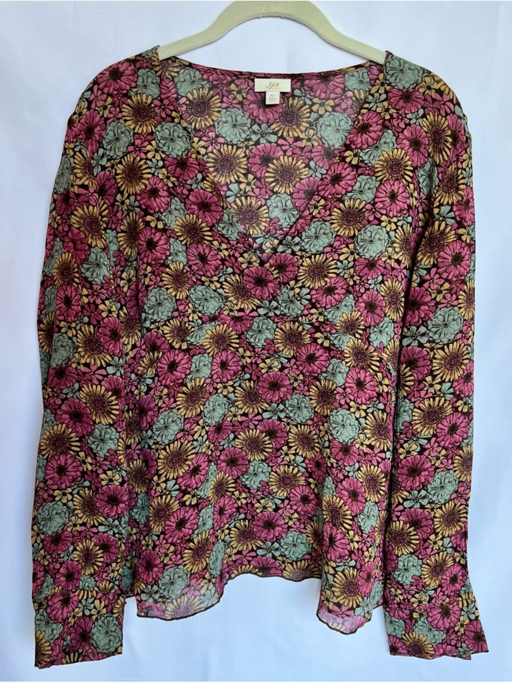 J. Jill Floral V-Neck Long Sleeve Top in Pink, Teal & Gold